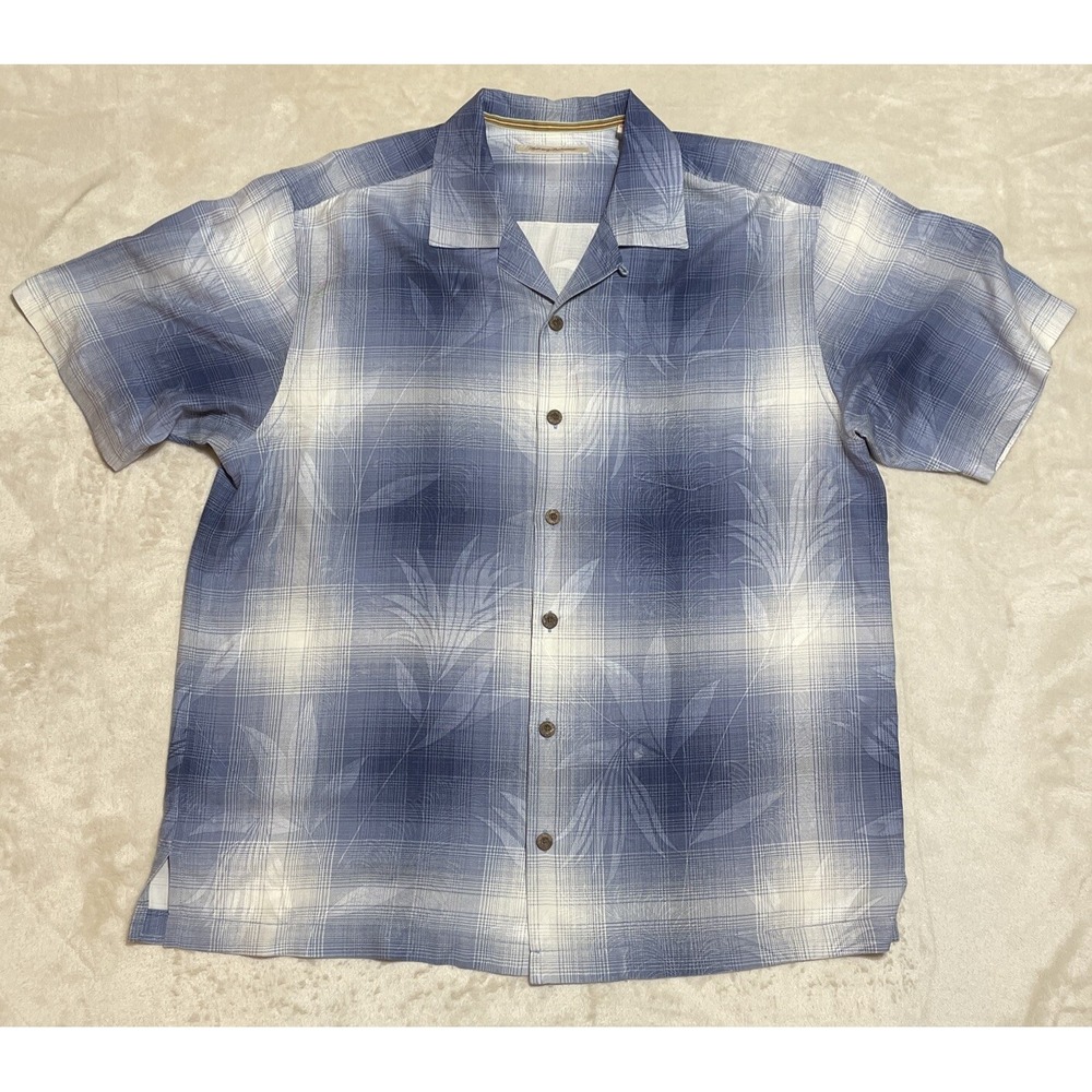 Tommy Bahama Shirt Mens Large Silk Hawaiian Blue Plaid Short Sleeve Camp Collar